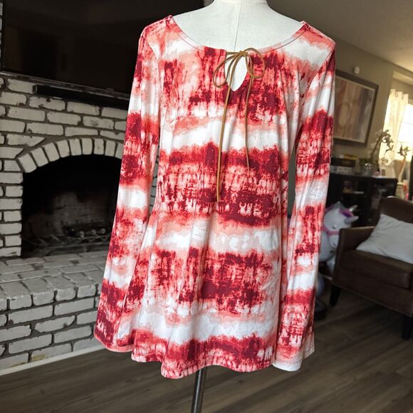 Bobbie Brooks Women’s Small Boho Tie Dye Shirt Bell Sleeve Faux Suede Tie Red - Picture 3 of 13